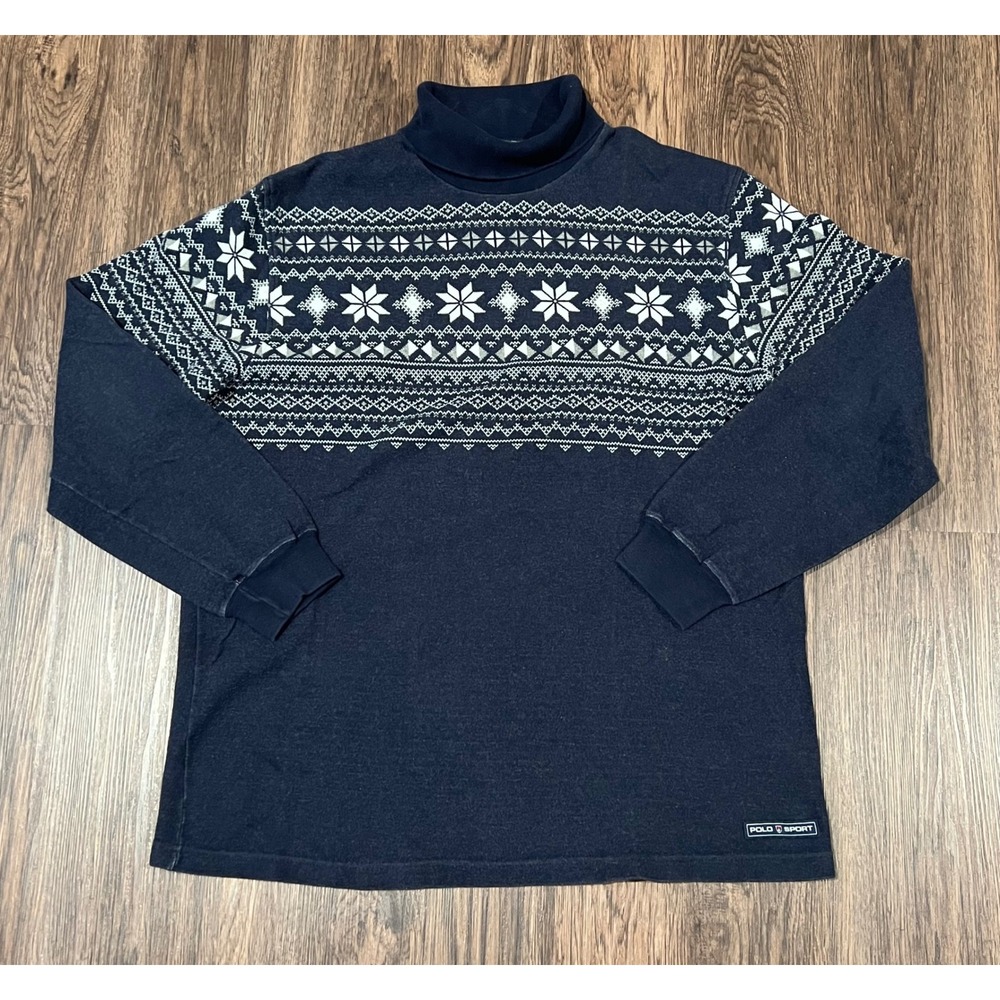 Polo Sport Ralph Lauren Sportsman Navy Fair Isle Snowflake Turtleneck Mens L USA